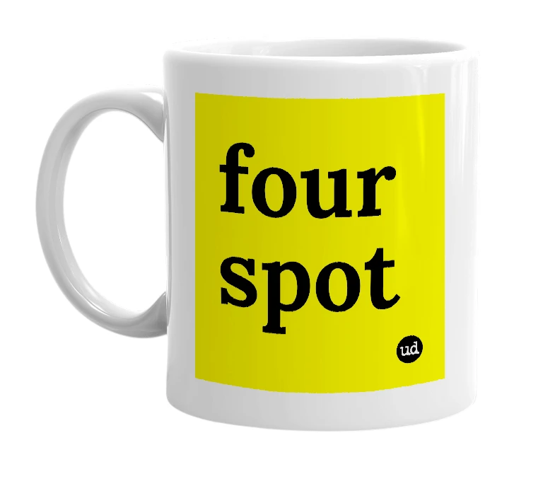 White mug with 'four spot' in bold black letters