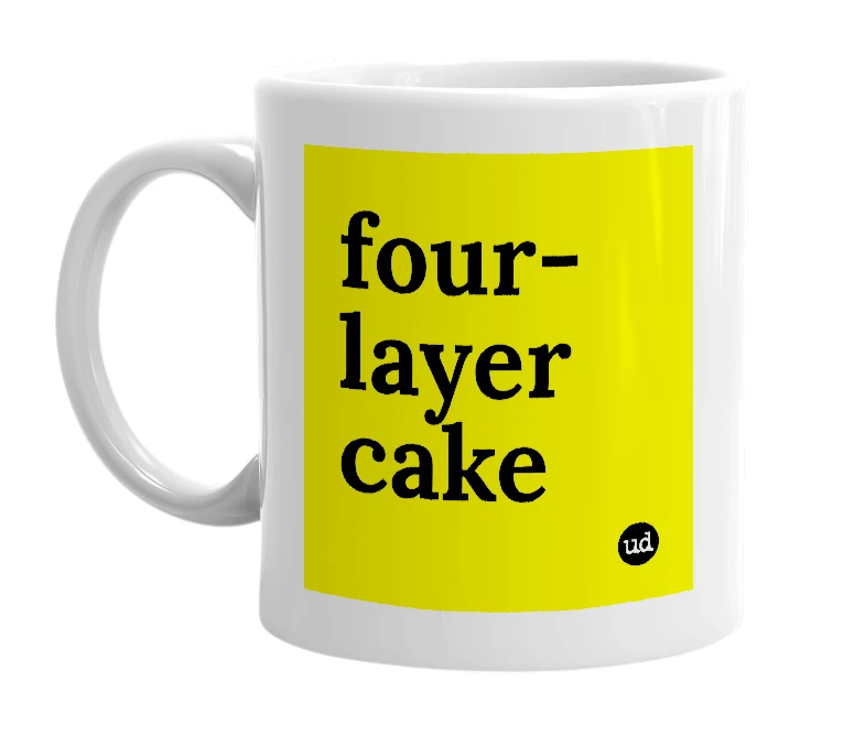 White mug with 'four-layer cake' in bold black letters