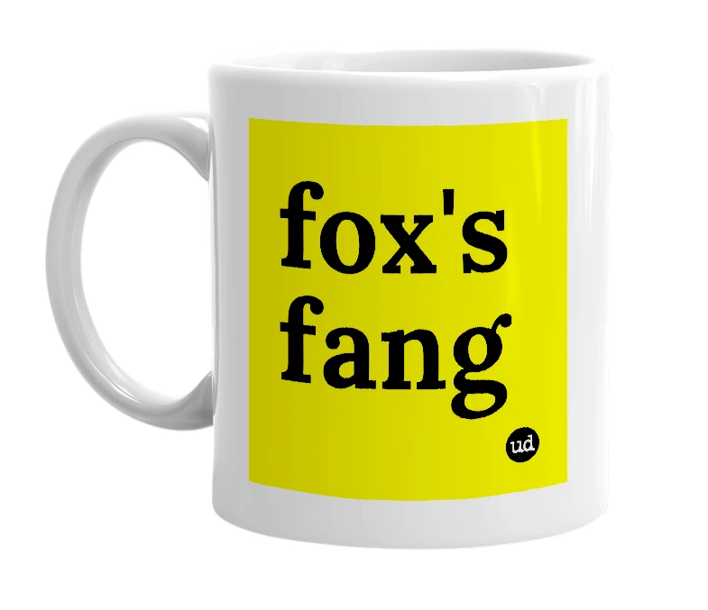 White mug with 'fox's fang' in bold black letters