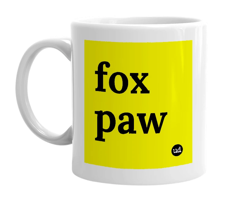 White mug with 'fox paw' in bold black letters