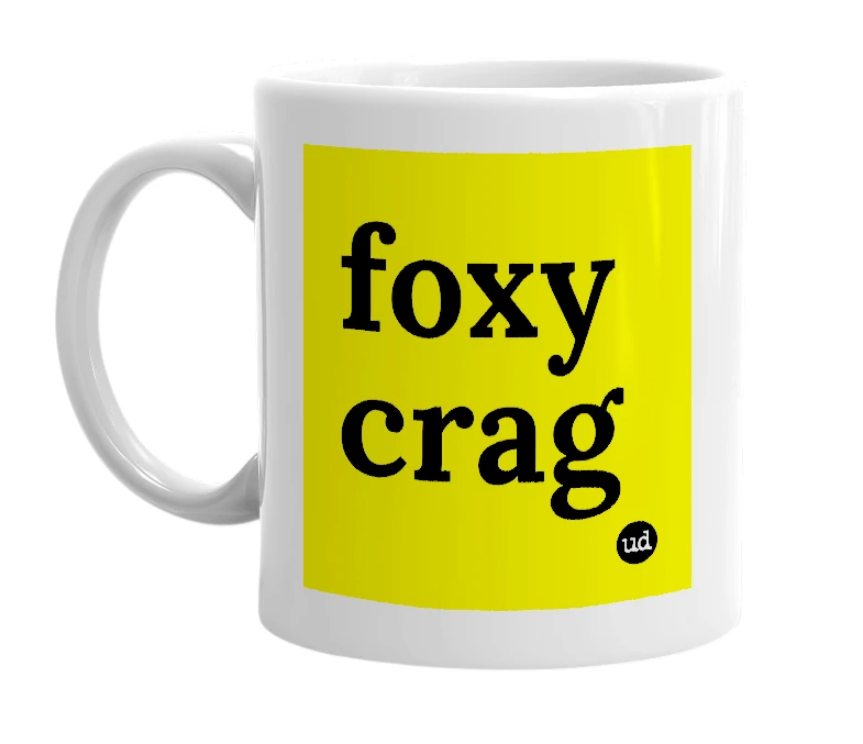 White mug with 'foxy crag' in bold black letters