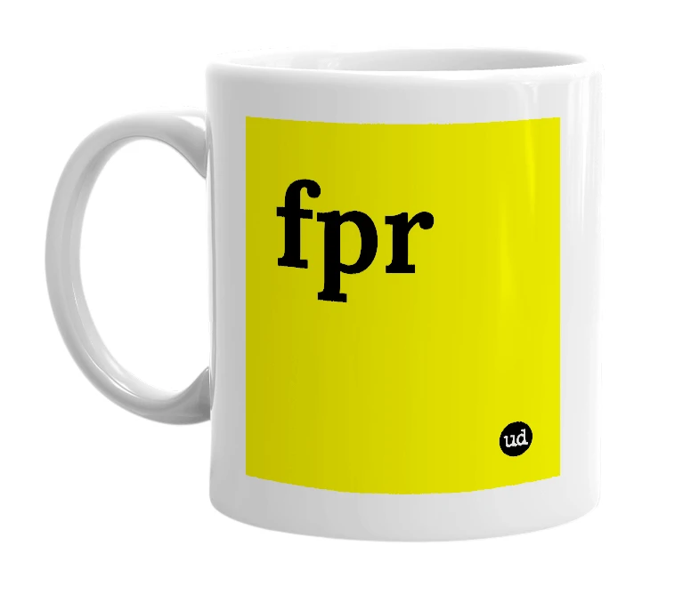 White mug with 'fpr' in bold black letters