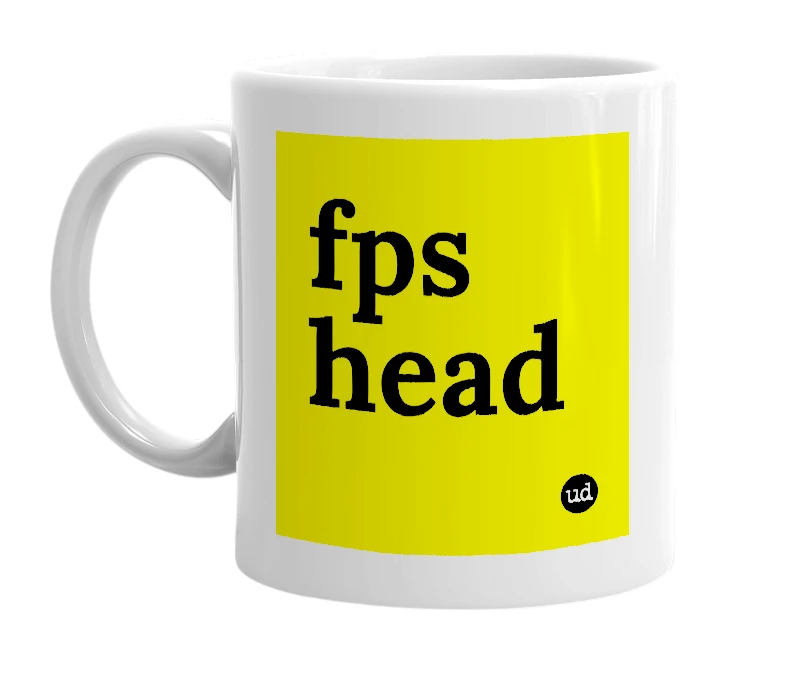 White mug with 'fps head' in bold black letters