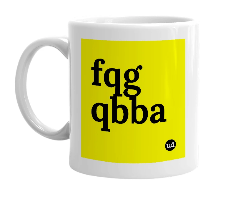 White mug with 'fqg qbba' in bold black letters