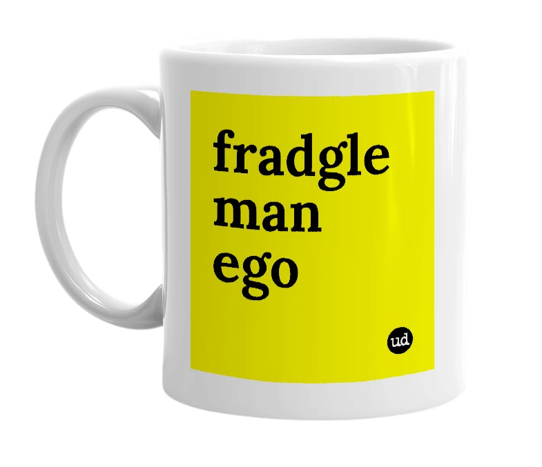 White mug with 'fradgle man ego' in bold black letters