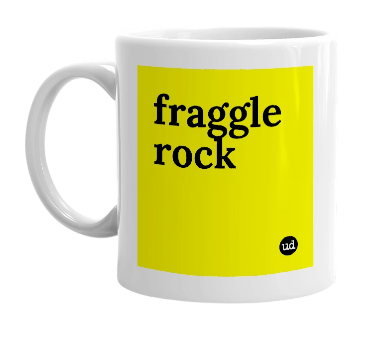 White mug with 'fraggle rock' in bold black letters