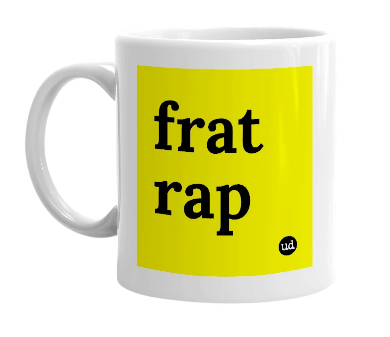 White mug with 'frat rap' in bold black letters