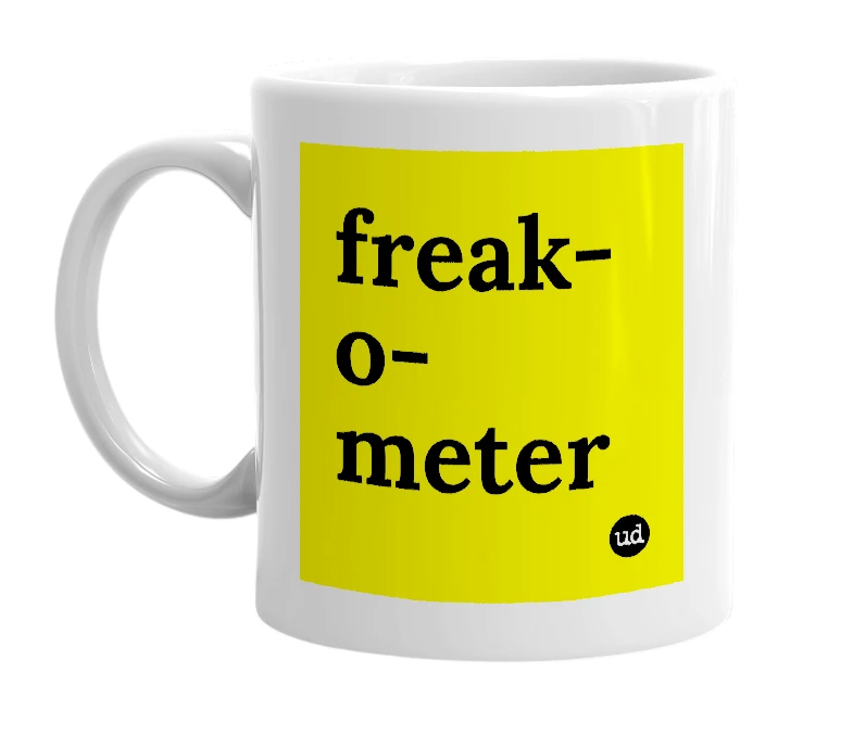White mug with 'freak-o-meter' in bold black letters