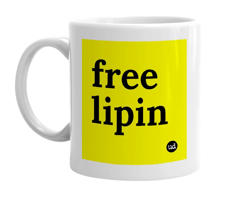 White mug with 'free lipin' in bold black letters