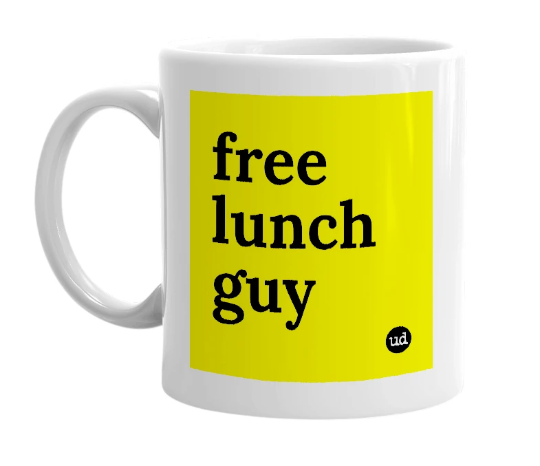 White mug with 'free lunch guy' in bold black letters