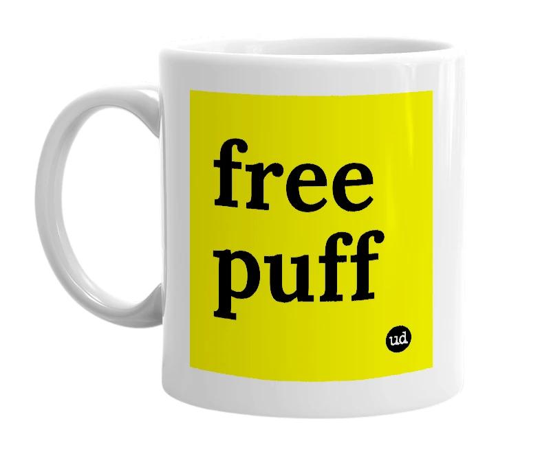 White mug with 'free puff' in bold black letters