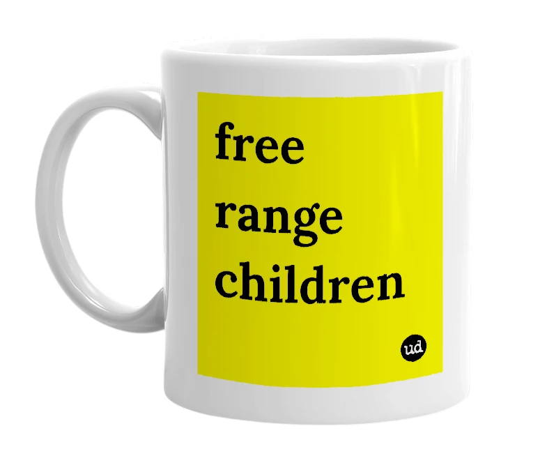 White mug with 'free range children' in bold black letters