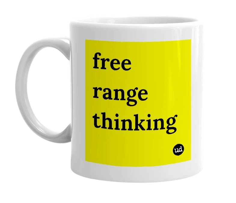 White mug with 'free range thinking' in bold black letters