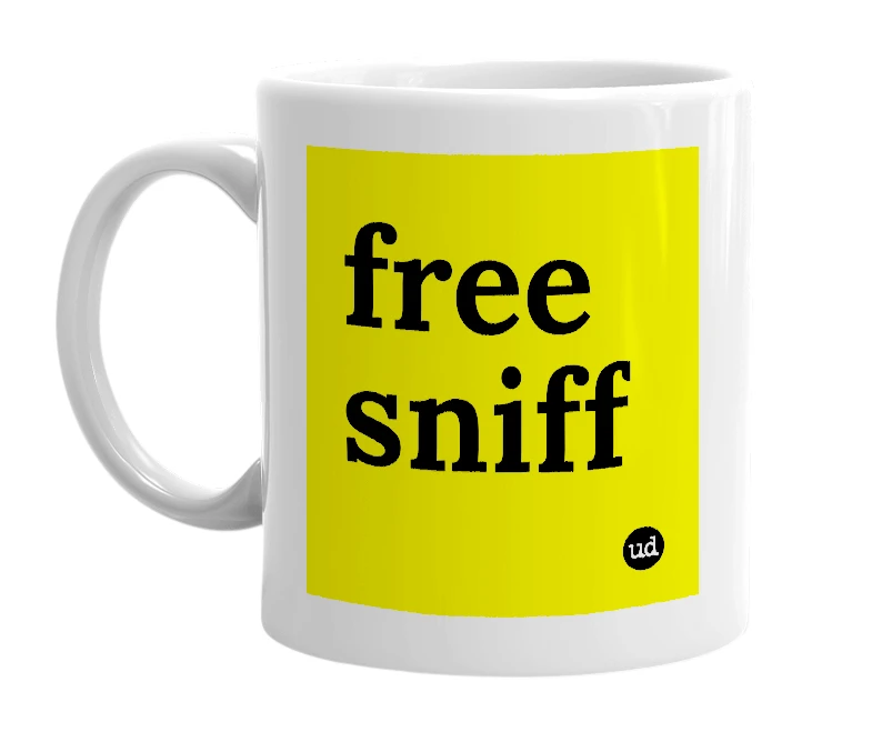 White mug with 'free sniff' in bold black letters