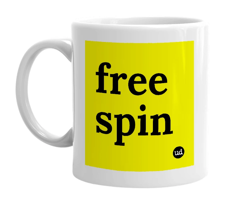 White mug with 'free spin' in bold black letters