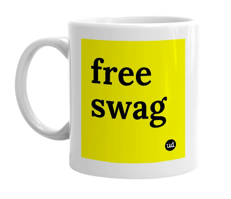 White mug with 'free swag' in bold black letters