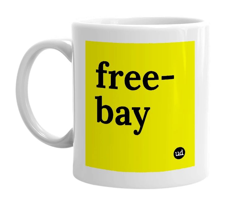 White mug with 'free-bay' in bold black letters