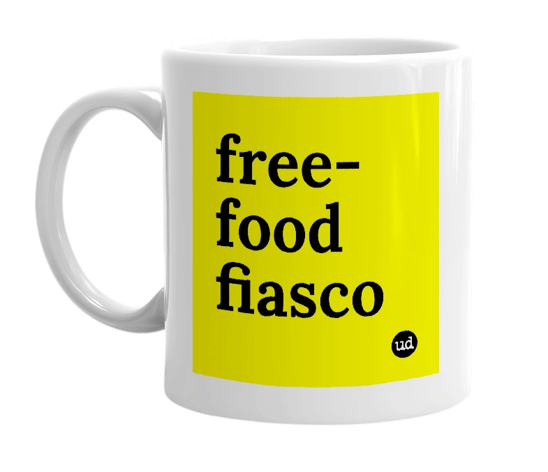 White mug with 'free-food fiasco' in bold black letters