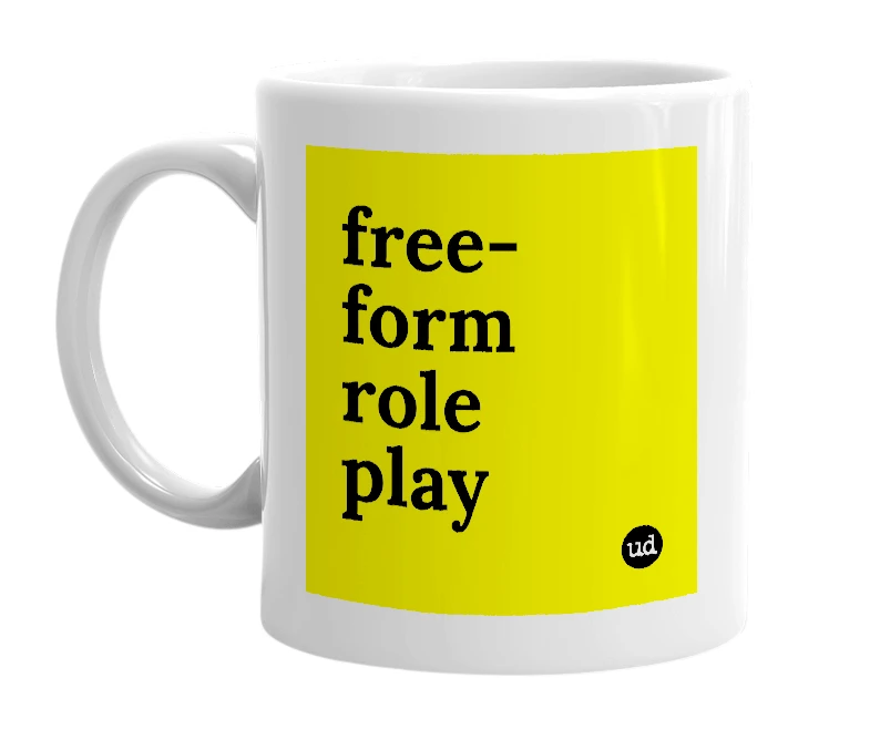 White mug with 'free-form role play' in bold black letters