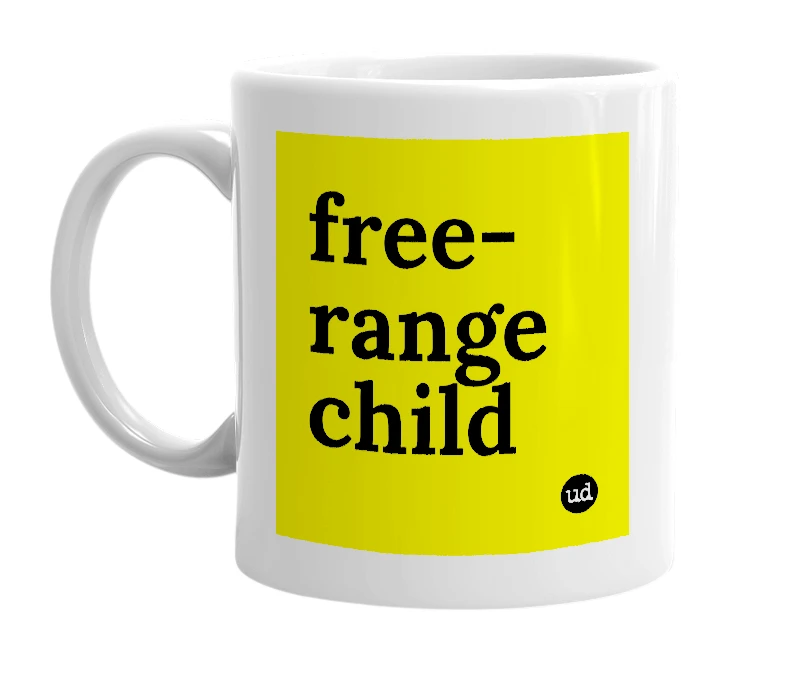 White mug with 'free-range child' in bold black letters