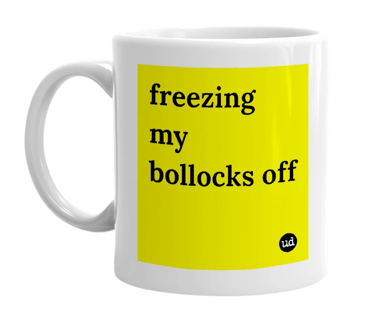 White mug with 'freezing my bollocks off' in bold black letters