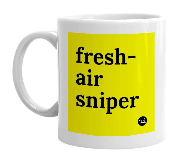 White mug with 'fresh-air sniper' in bold black letters