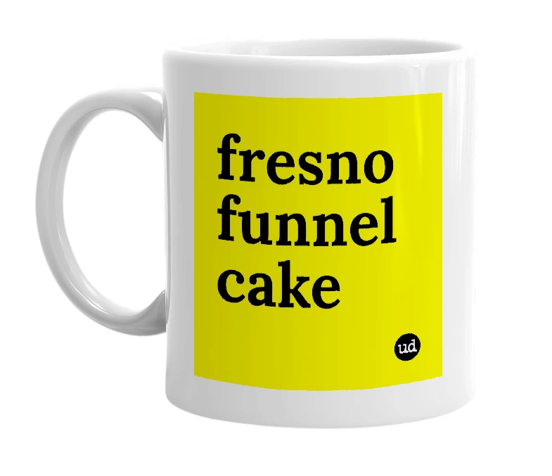 White mug with 'fresno funnel cake' in bold black letters