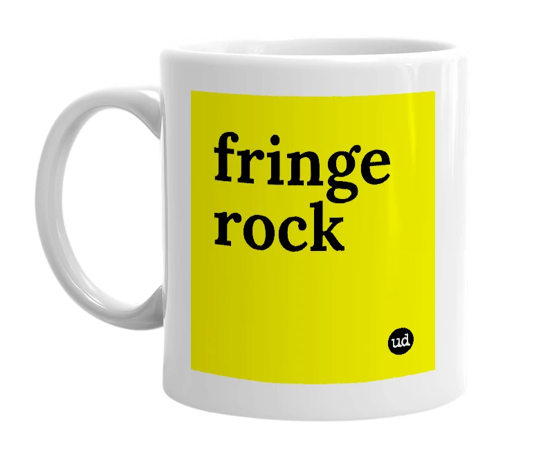 White mug with 'fringe rock' in bold black letters