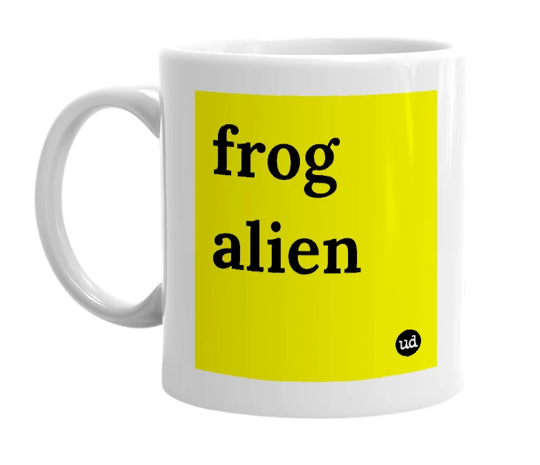 White mug with 'frog alien' in bold black letters
