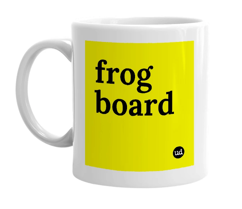 White mug with 'frog board' in bold black letters