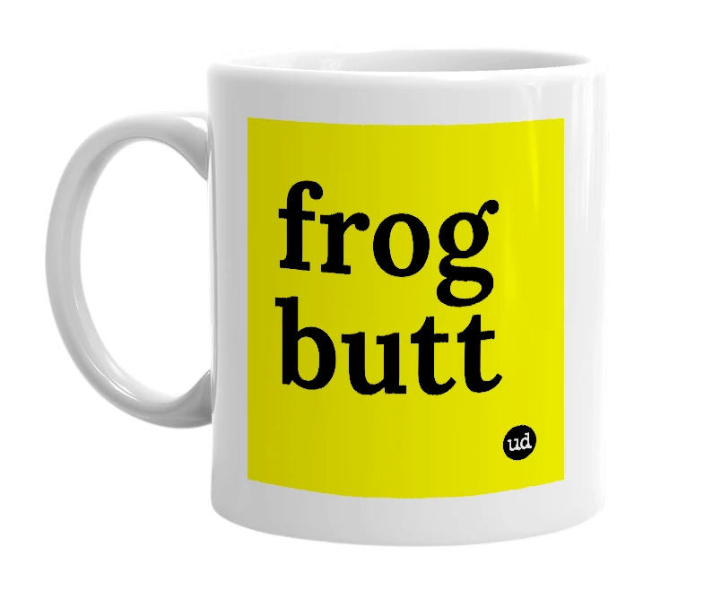 White mug with 'frog butt' in bold black letters