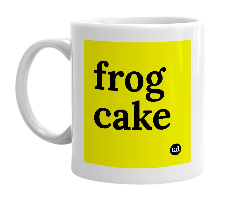White mug with 'frog cake' in bold black letters
