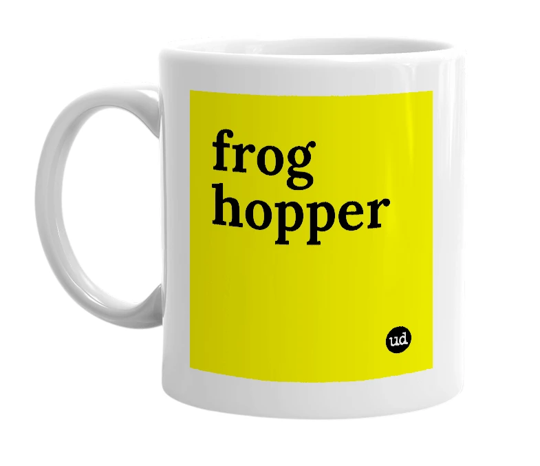 White mug with 'frog hopper' in bold black letters