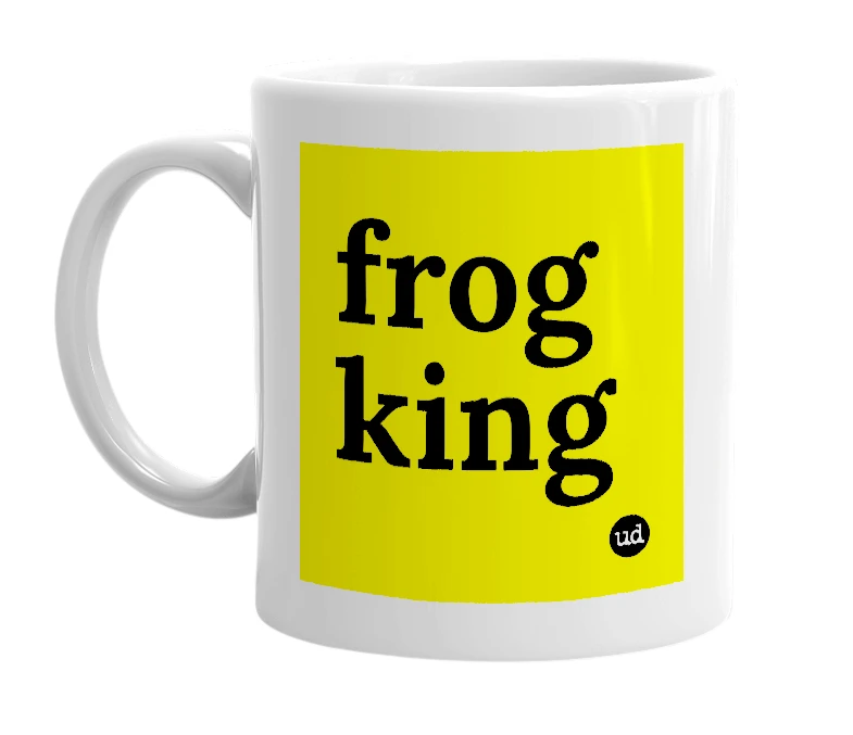 White mug with 'frog king' in bold black letters
