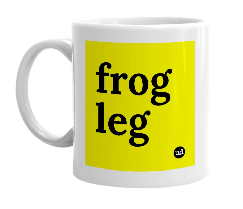 White mug with 'frog leg' in bold black letters