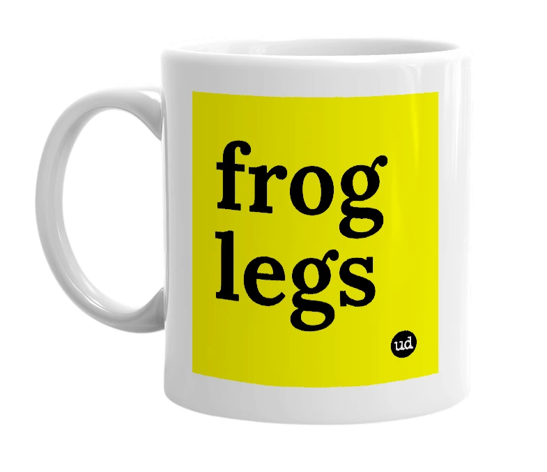 White mug with 'frog legs' in bold black letters