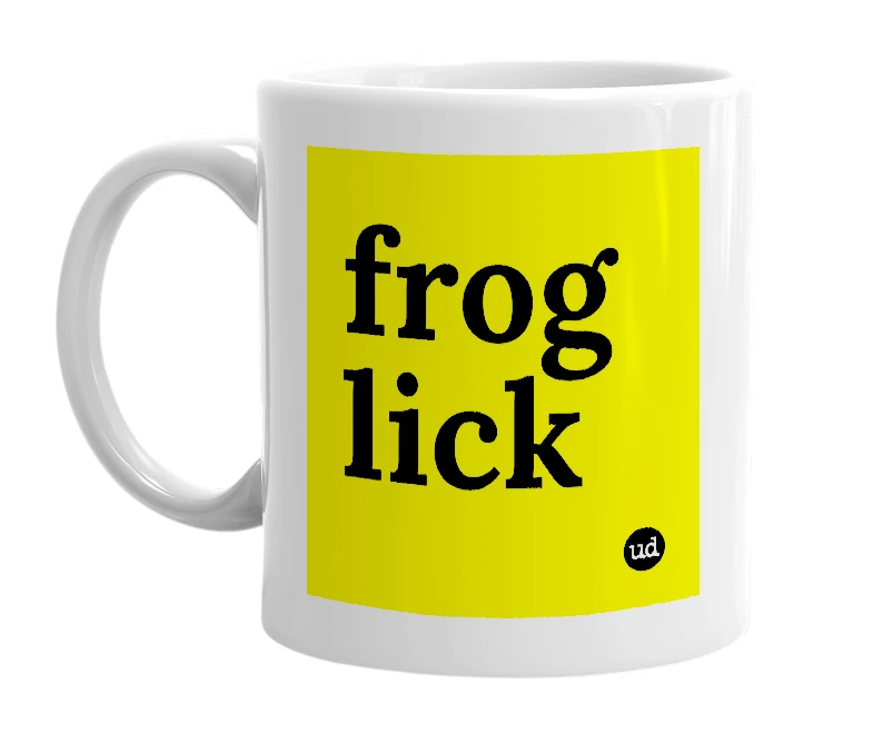 White mug with 'frog lick' in bold black letters