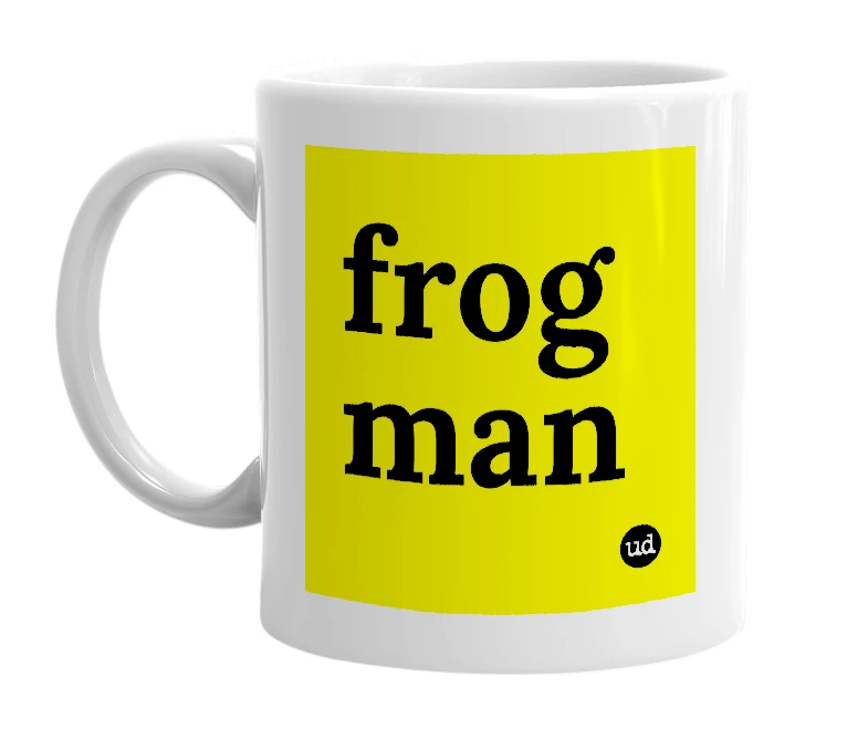 White mug with 'frog man' in bold black letters