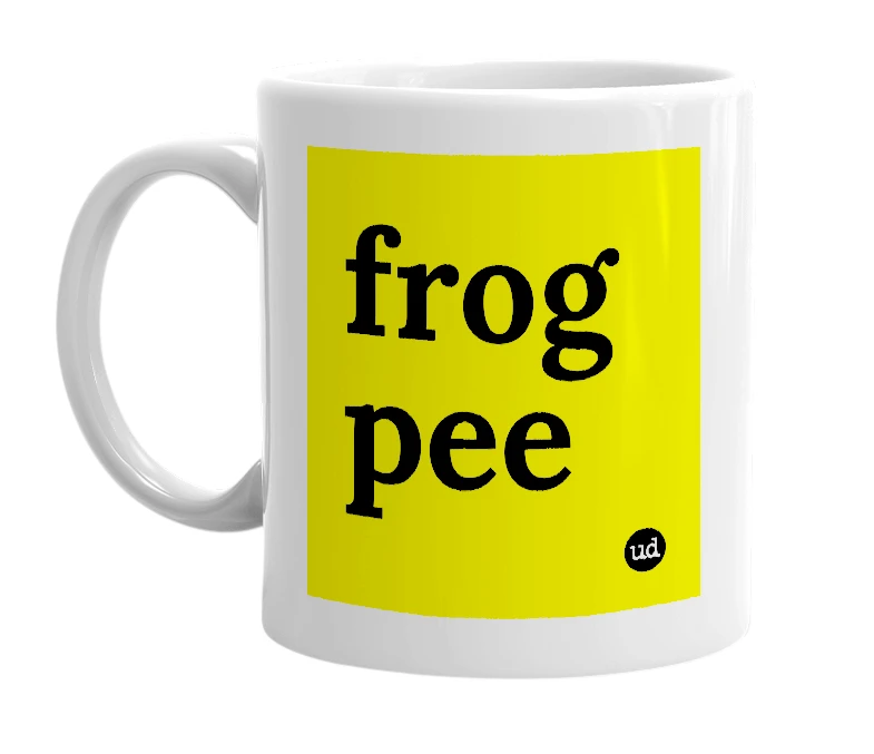 White mug with 'frog pee' in bold black letters