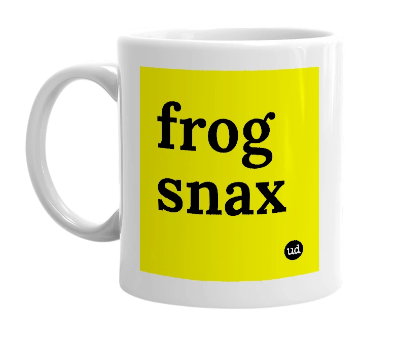 White mug with 'frog snax' in bold black letters