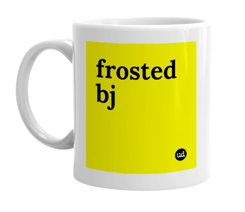 White mug with 'frosted bj' in bold black letters