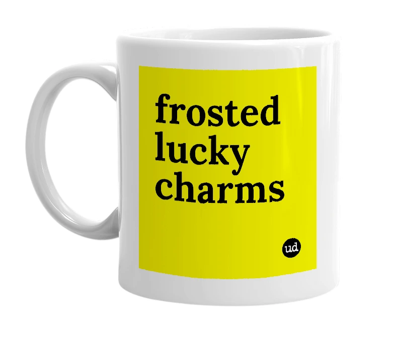 White mug with 'frosted lucky charms' in bold black letters