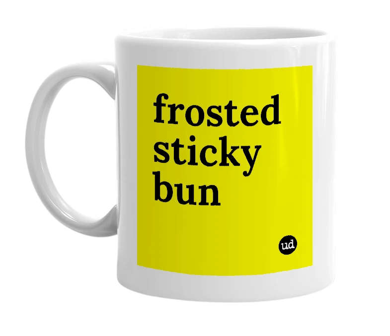 White mug with 'frosted sticky bun' in bold black letters