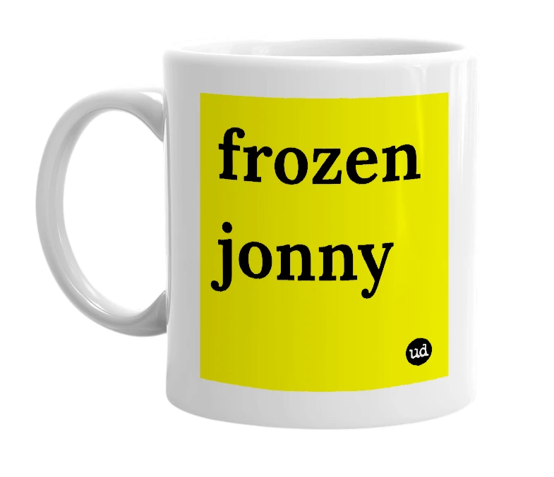 White mug with 'frozen jonny' in bold black letters