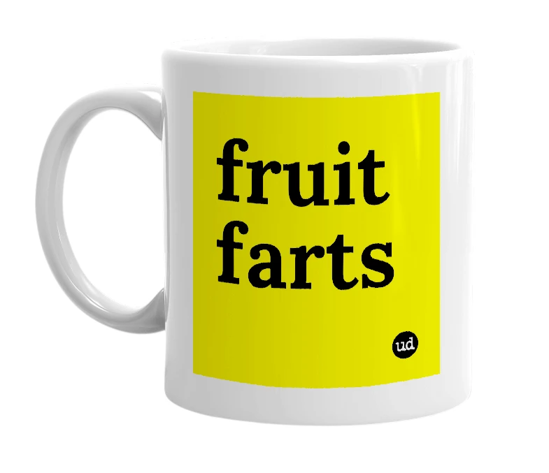 White mug with 'fruit farts' in bold black letters