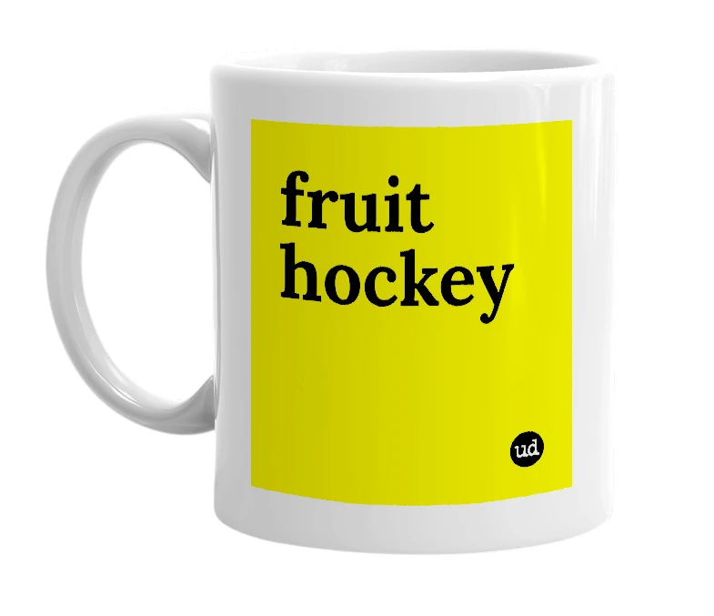 White mug with 'fruit hockey' in bold black letters