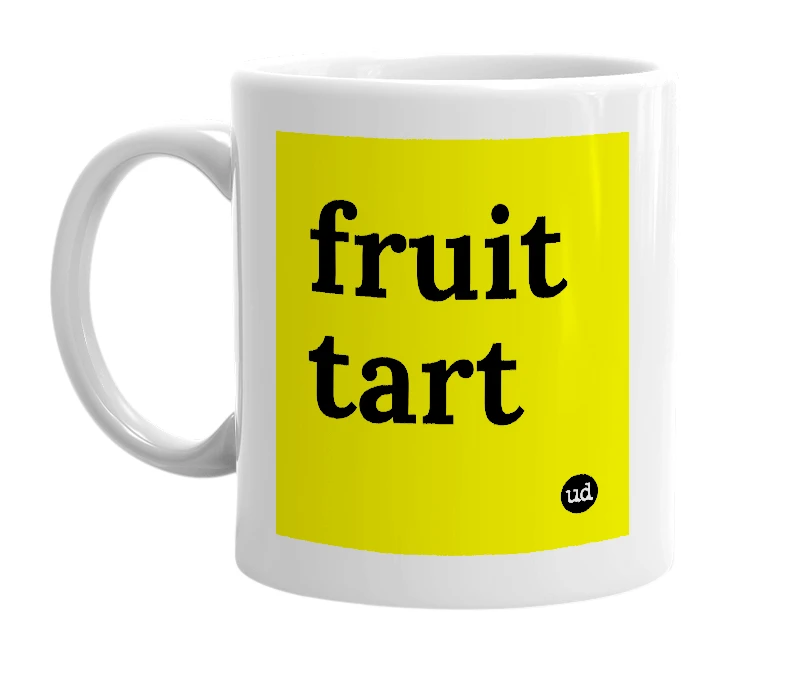 White mug with 'fruit tart' in bold black letters