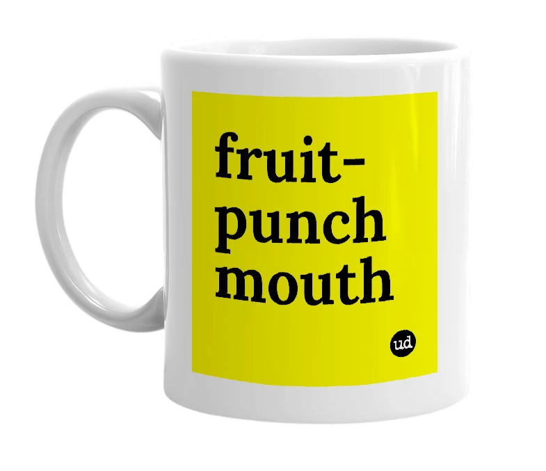White mug with 'fruit-punch mouth' in bold black letters
