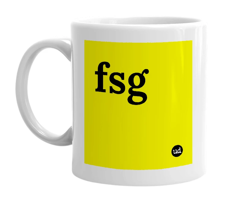 White mug with 'fsg' in bold black letters