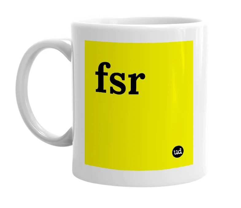 White mug with 'fsr' in bold black letters